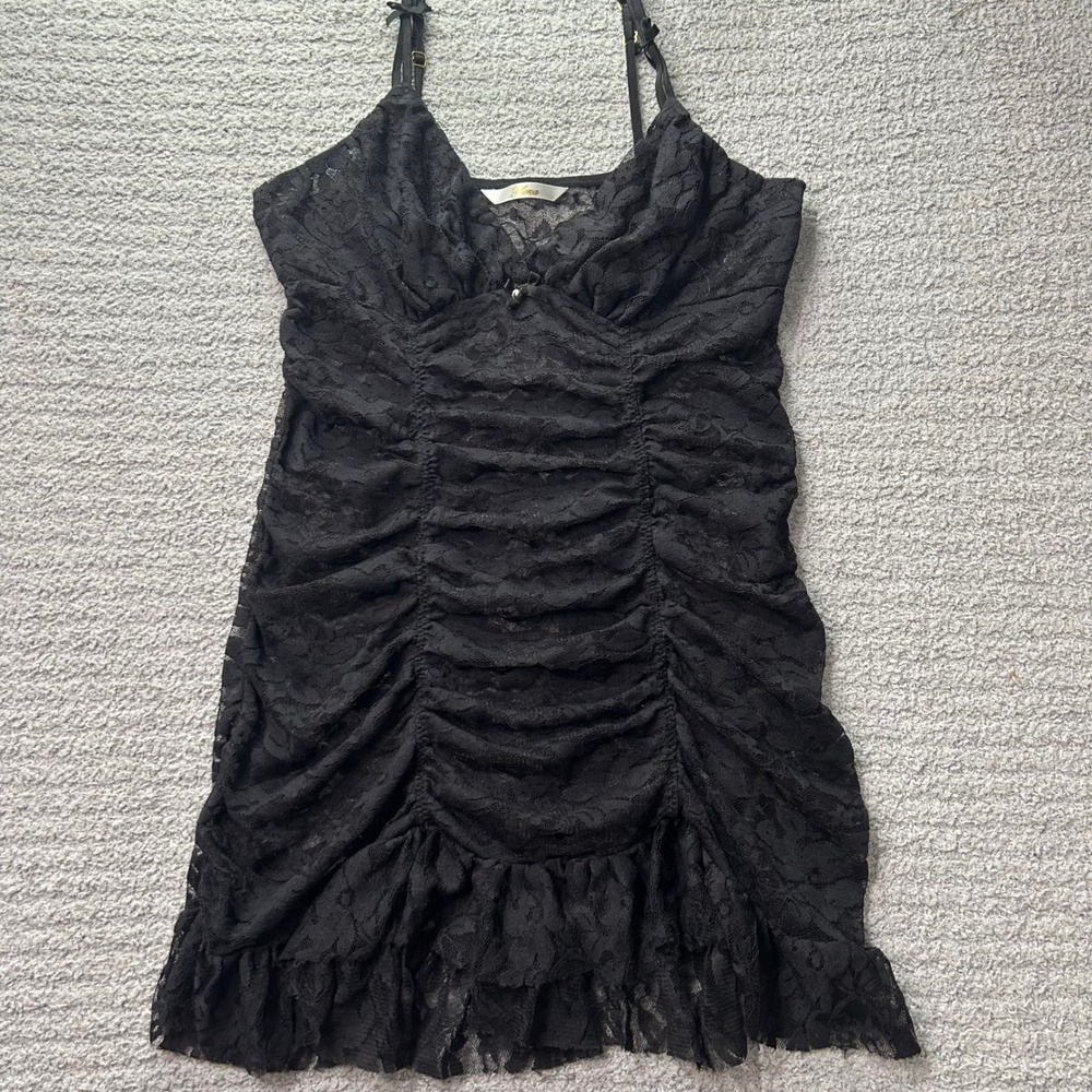 VTG Y2K Flora Black S Lace Ruched Cami Slip Dress Grunge Fairycore, Goth Boudoir